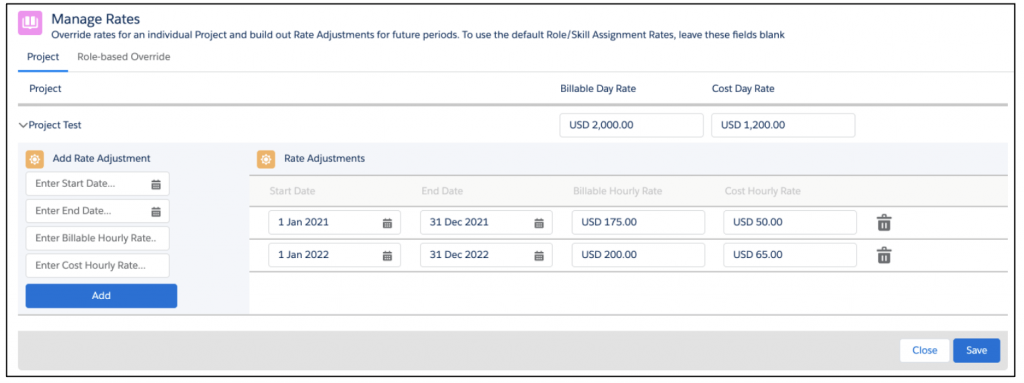 Salesforce Project Management Software - Manage Rates Project Tab