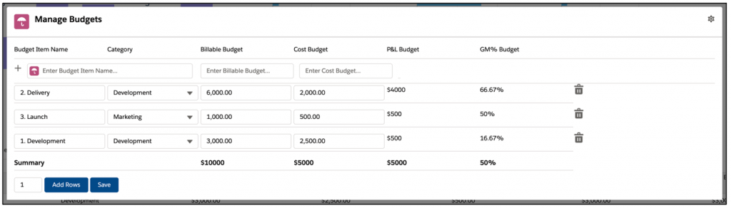 Salesforce Project Management Software - Budget Items Manage Budgets