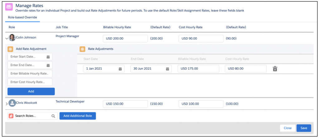 Salesforce Project Management Software - Manage Rates Role Based Override Tab