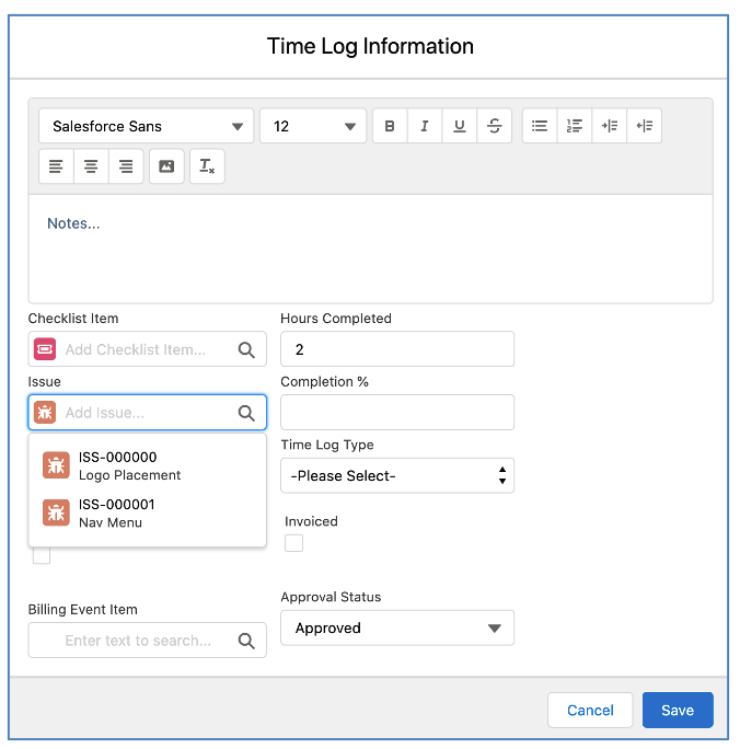 Salesforce Project Management Software - Timesheet Modal Relate to Issues Time Log