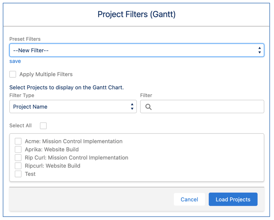 Mission Control Salesforce Project Management Tools 17. Gantt Chart Preset Filters