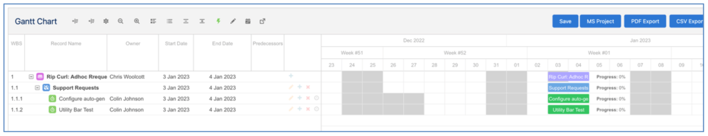 Mission Control Salesforce Project Management Tools 19. Gantt Chart Action Owner Reschedule on Change