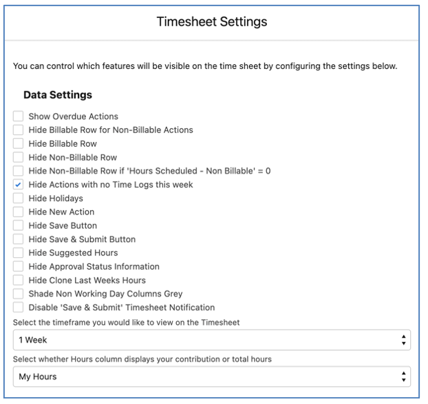 Mission Control Salesforce Project Management Tools 30. Timesheet Hide Actions with No Time Logs Setting