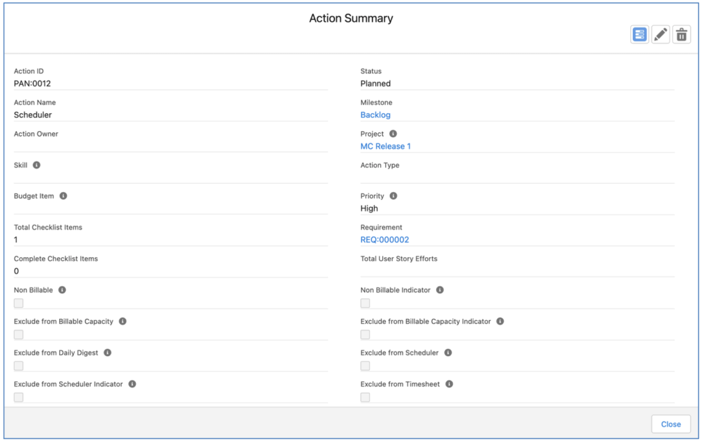 Mission Control Salesforce Project Management 53. Project Builder Action Summary