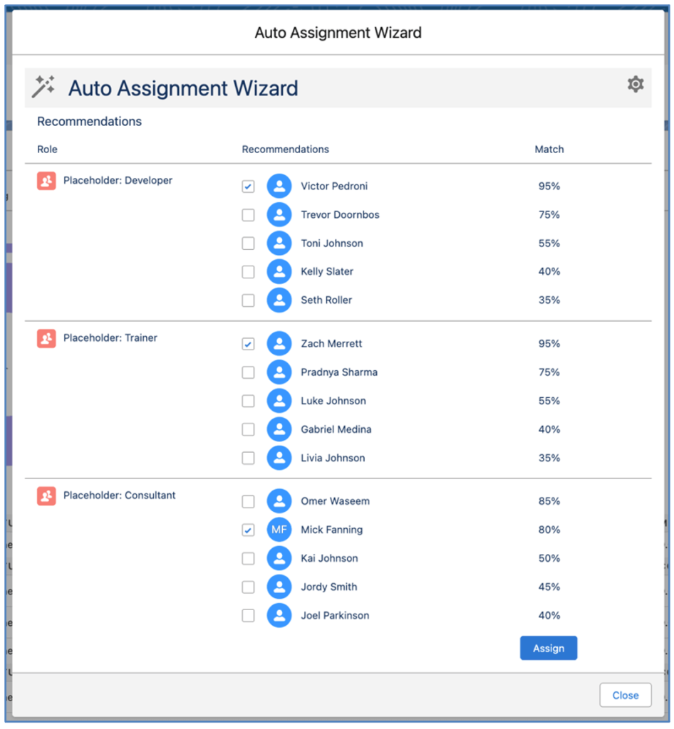 Mission Control Salesforce Project Management 4. Auto Assignment Wizard Recommendations