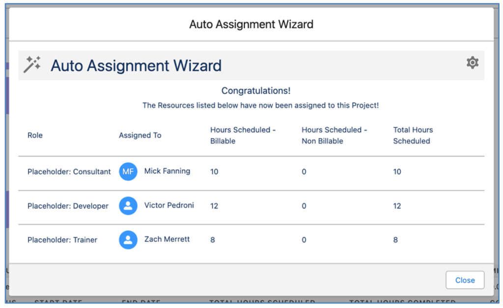 Mission Control Salesforce Project Management 5. Auto Assignment Wizard Confirmation