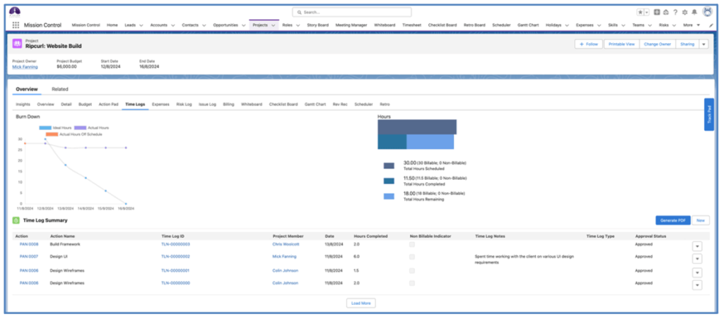 1. Project Time Logs PDF Button