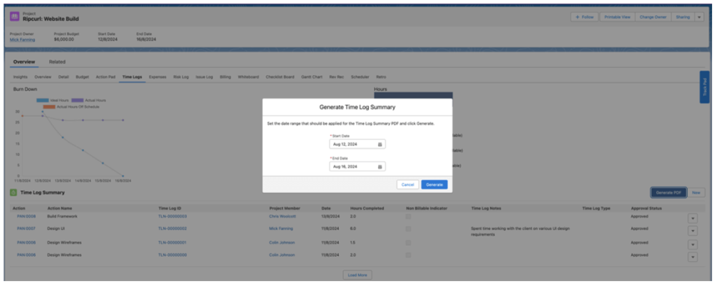 2. Project Time Logs PDF Date Modal