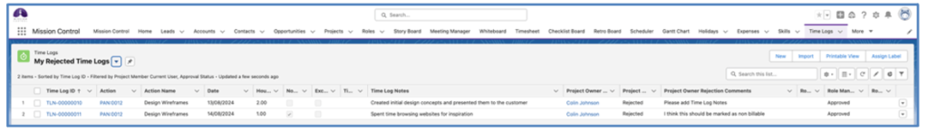9. Rejected Time Logs List View