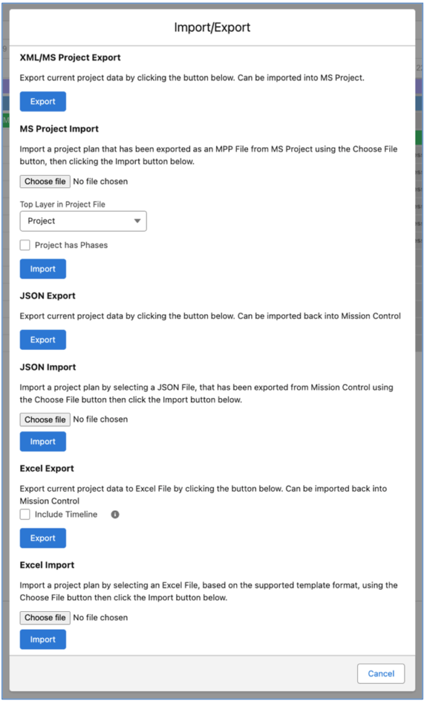 20. Gantt Chart Import Export Modal Mission Control Salesforce Project Management