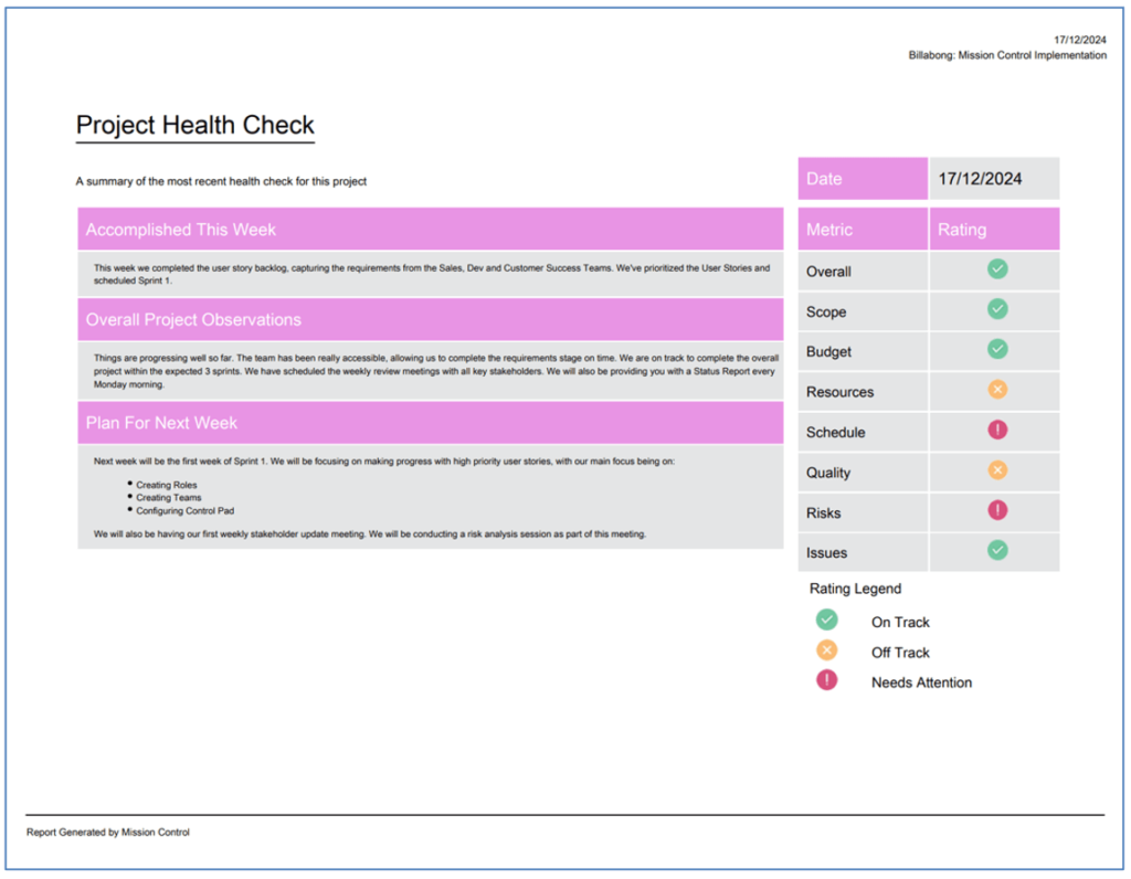 40. Status Report Health Check Page Mission Control Salesforce Project Management