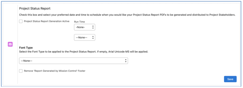 42. Status Report Settings Tile with Font Options Mission Control Salesforce Project Management