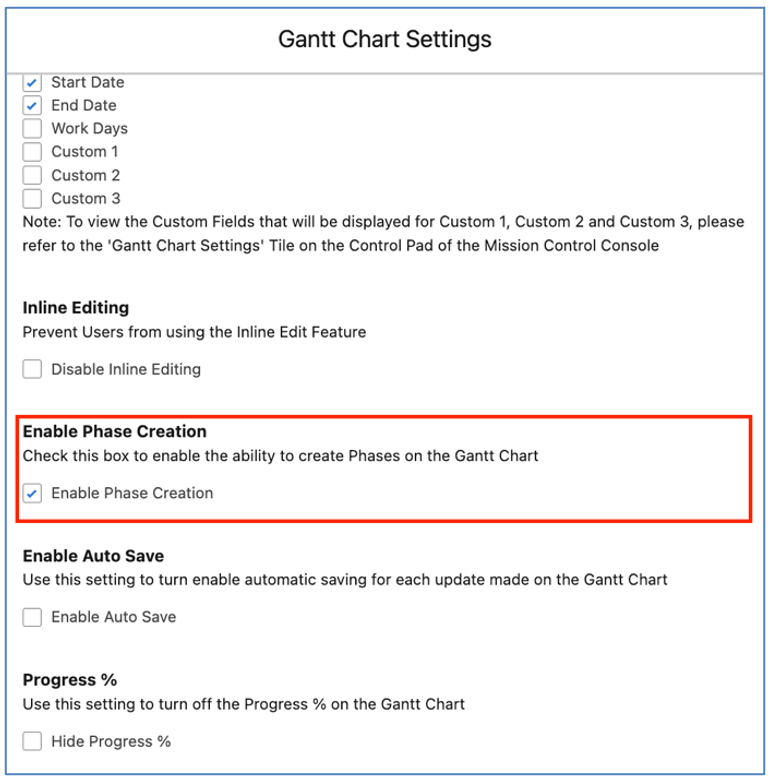 48. Gantt Chart Enable Phase Creation Setting Mission Control Salesforce Project Management