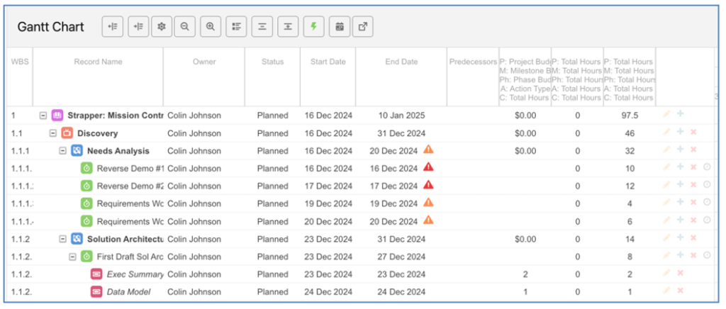 53. Gantt Chart with Custom Fields Displayed Mission Control Salesforce Project Management