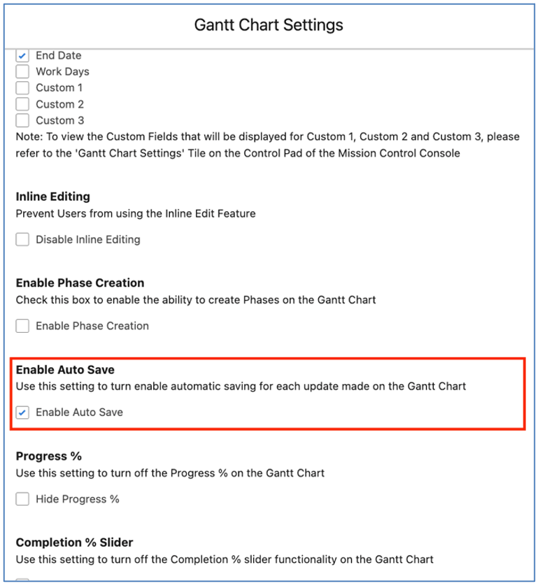 59. Gantt Chart Auto Save Setting Mission Control Salesforce Project Management