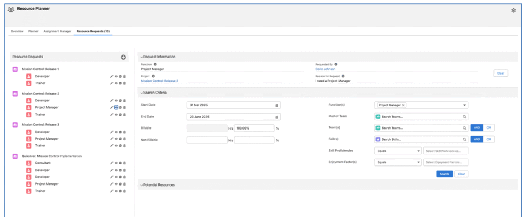 12. Resource Request Filter Screen Mission Control Salesforce Project Management