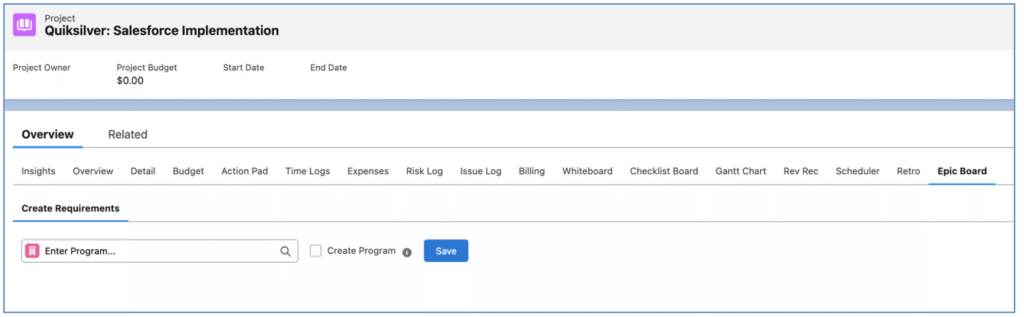 2. Epic Board Create Requirements Empty Mission Control Salesforce Project Management
