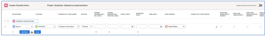 28. Create Checklist Items Quick Create Mission Control Salesforce Project Management