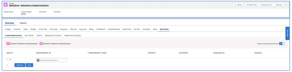 3. Epic Board Create Requirements Quick Create Mission Control Salesforce Project Management