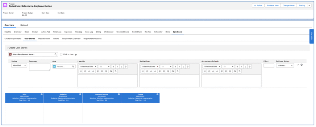 5. Epic Board User Stories Quick Create Mission Control Salesforce Project Management