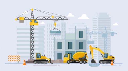 Under construction Building work process with construction machines. Vector illustration
