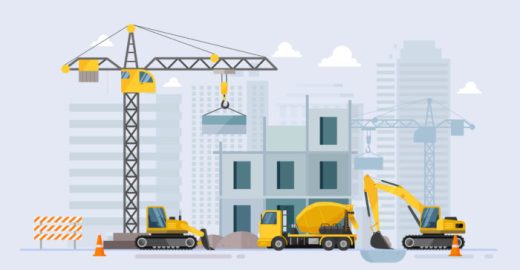 Under construction Building work process with construction machines. Vector illustration
