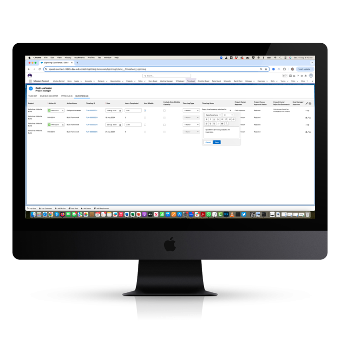 Mission Control Salesforce Project Management Editing Rejected Time Logs